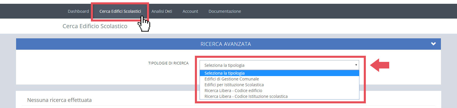 immagine pagina cerca edifici scolastici, finestra ricerca avanzata