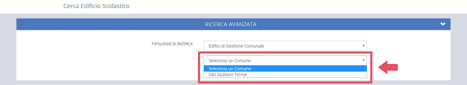 immagine pagina cerca edifici scolastici, finestra ricerca tramite nome comune