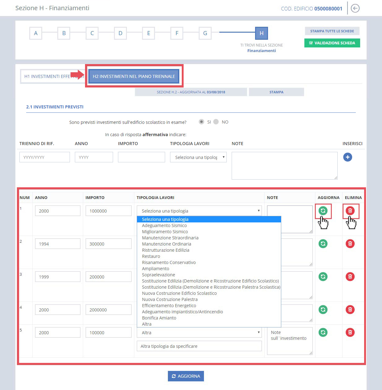 immagine pagina Sezione H2 investimenti nel piano triennale, risposta affermativa, inserimento dati