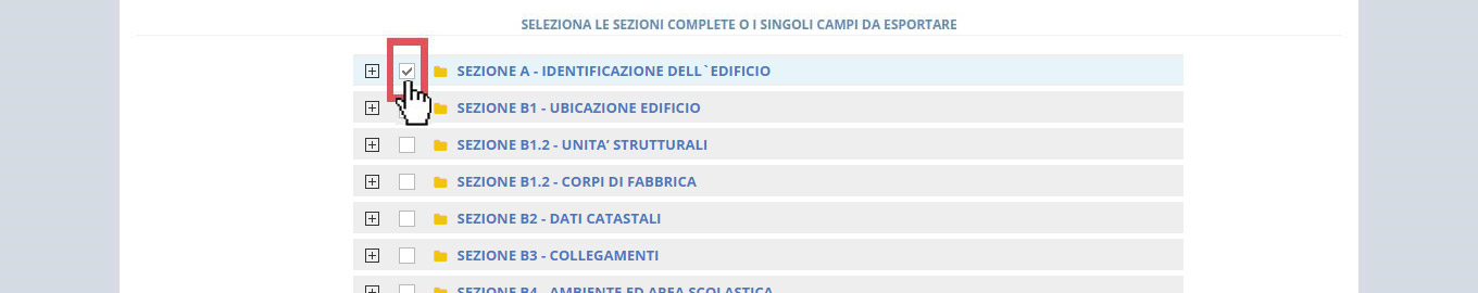 immagine pagina esportazioni, alberatura sezioni, sezione A selezionata