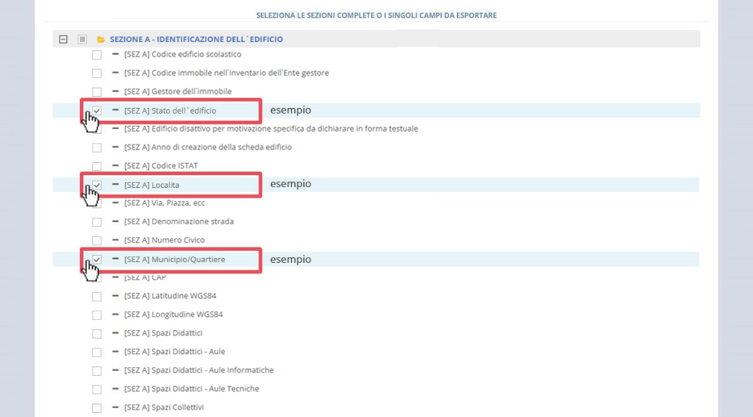 immagine pagina esportazioni, alberatura sezioni, iucona +, selezione di alcune sottosezioni