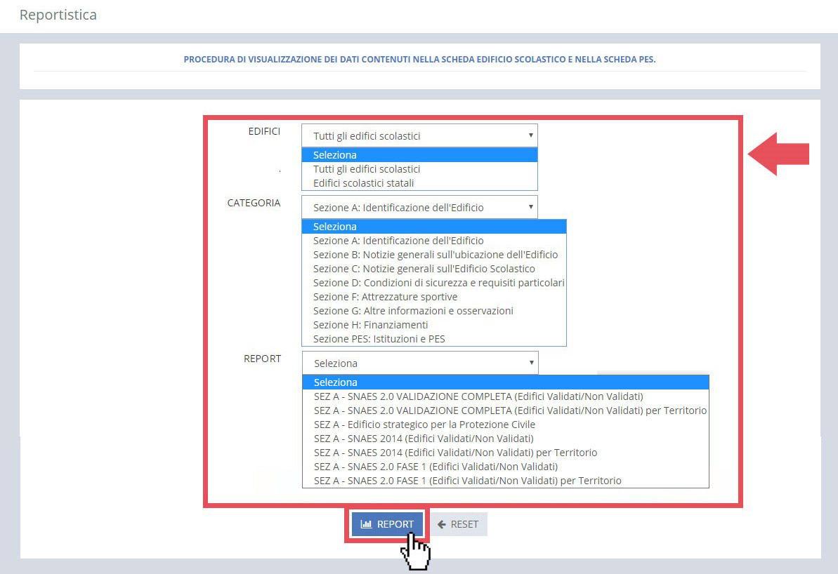 immagine pagina reportistica, finestra ricerca tramite edifici, categoria, report