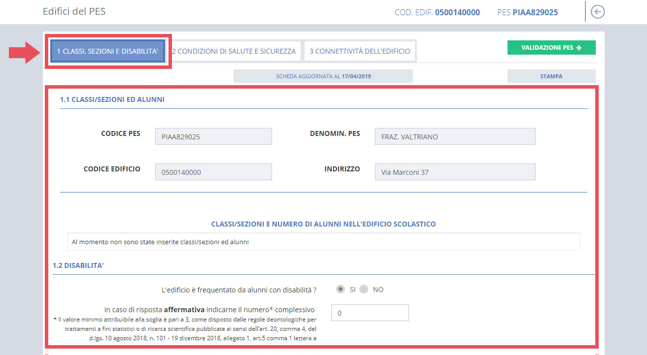 immagine pagina edifici del pes, 1 classi sezioni e disabilità