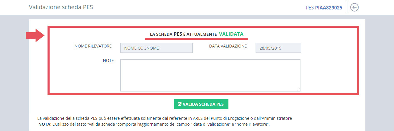 immagine pagina validazione scheda PES, scheda validata