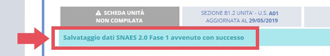 immagine messaggio salvataggio dati SNAES 2.0 fase 1 avvenuto con successo