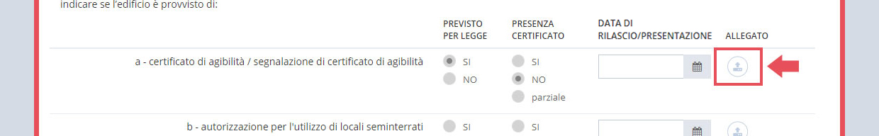 immagine pagina sezione D1 condizioni di sicurezza - certificazioni, punto 1.1 certificazioni relative all'edificio scolastico, pulsante allegato