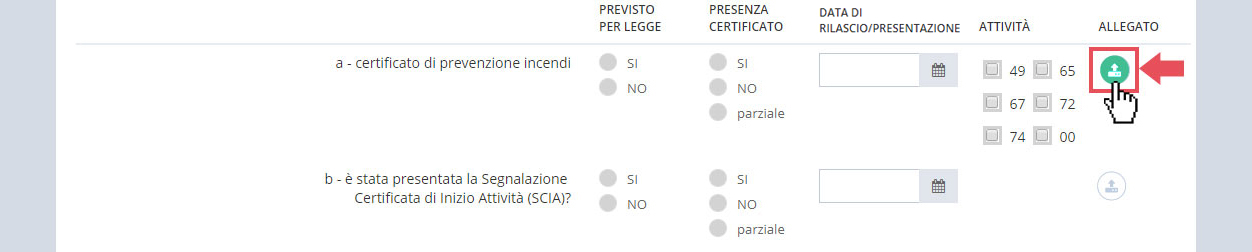 immagine pagina sezione D2 condizioni di sicurezza - documentazione antincendio, punto 2.1 documentazione antincendio, pulsante allegato verde